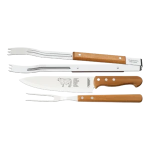 Jogo para Churrasco com Lâminas em Aço Inox e Cabos de Madeira Natural 3 Peças Tramontina